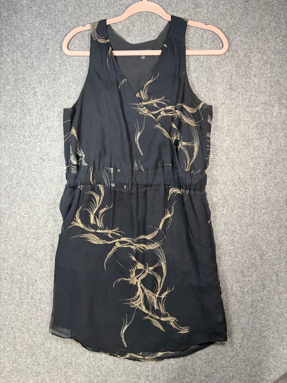 Banana Republic Silk Whimsical Bird Print Sleeveless Dress Black Beige Size 6